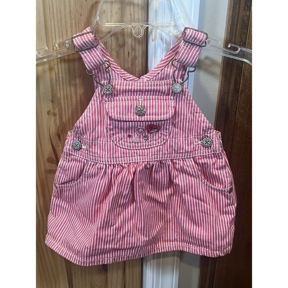 Oshkosh B’Gosh Pink Gingham Check Overalls Jumper Cotton Dress Girls Sz 6 Months - Picture 1 of 10